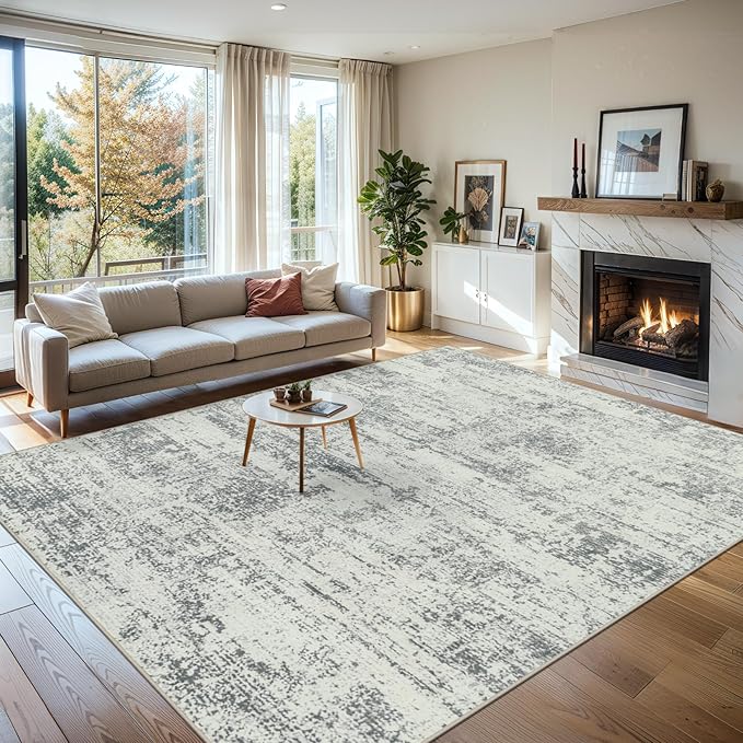 Area Rugs Living Room Rug - 4x6 Washable Modern Abstract Soft Neutral Non-Slip Carpet Large Indoor Floor Stain Resistant Thin Carpets for Bedroom Dining Room Farmhouse Nursery Home Office Grey-CubbioJoy