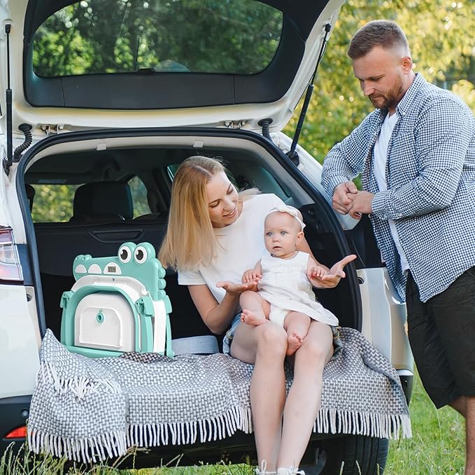 Collapsible Baby Bathtub for Newborn with Thermometer & 1 Soft Floating Cushion & Drain Hole, Foldable & Portable Travel Baby Bath Tub for Newborns to Toddlers 0-36 Months Boys, Cyan-CubbioJoy