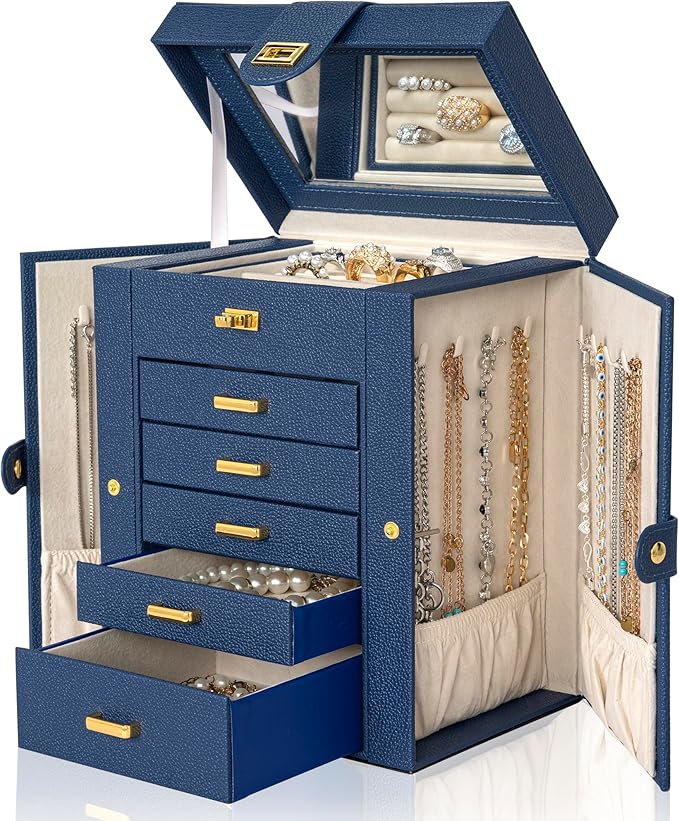 AKOZLIN Jewelry Box Organizer Functional Leather Jewelry Storage Case for Women Girls Ring Necklace Earring Bracelet Holder Organizer with Mirror Blue-CubbioJoy
