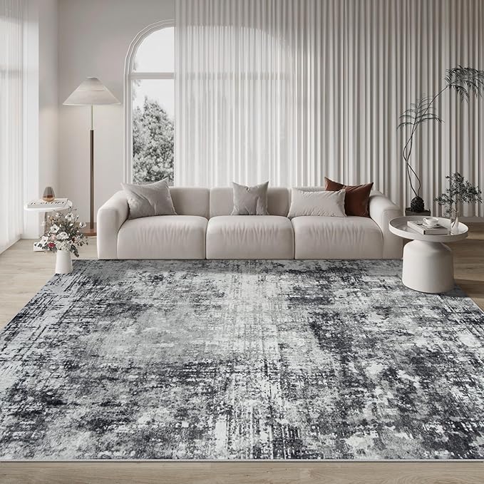 9x12 Area Rugs for Living Room Rug Washable: Modern Large Rug for Dining Room Bedroom Carpet Non Slip 9 by 12 Indoor Abstract Nursery Home Office Black Grey-CubbioJoy