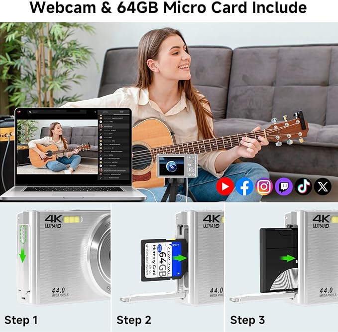 Digital Camera, FHD 4K 44MP Digital Camera, 16X Digital Zoom, Digital Point and Shoot Camera with 3-LED Fill Lights, 64GB SD Card, Compact Camera for Kids Teen Boys Girls, Sliver-CubbioJoy