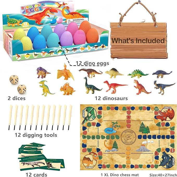Dino Fossil Eggs Dinosaur Toys - 12 Dinosaur Eggs Dig Excavation Kit w Play Mat for Kids Ages 5-7 Easter Basket Essentials STEM Toy Christmas Birthday Gift for Boys Girls 3 4 5 6 7 8 + 8-13 Years Old-CubbioJoy