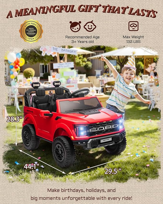 24V 2 Seater Ride on Toys for Kids, Licensed Ford F-150 Raptor Kids Electric Vehicles w/Remote Control, Power Pedal and Durable Wheels, LED Lights, Bluetooth, Truck Bed Storage (Red)-CubbioJoy