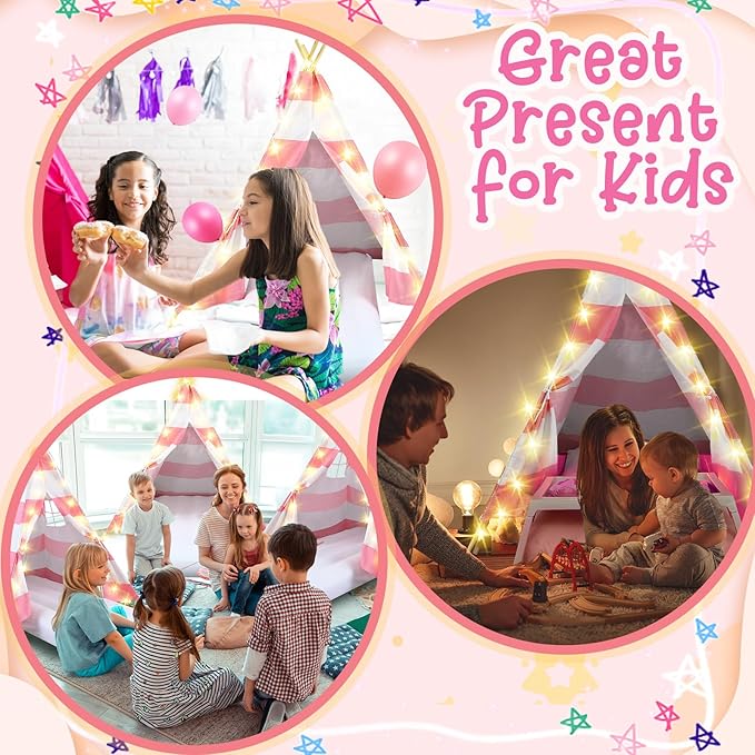 2 Pack Kids Teepee Tent with Mattress,Fitted Sheet,Light String,Washable Natural Cotton Toddler Play Tent for Girls Boys Indoor Outdoor Sleepover Slumber Birthday Party(Pink and White)-CubbioJoy