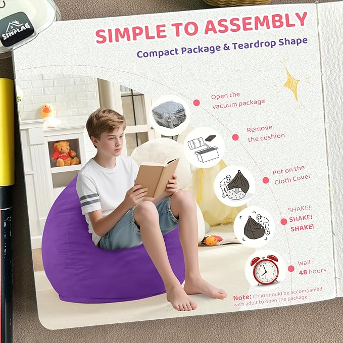 2FT Bean Bag Chair, Comfy Bean Bag Chairs with Memory Foam Filled, Fluffy Beanbag Sofa with Dutch Velvet Cover, Teardrop BeanBag Chairs for Living Room, Playroom - Purple-CubbioJoy