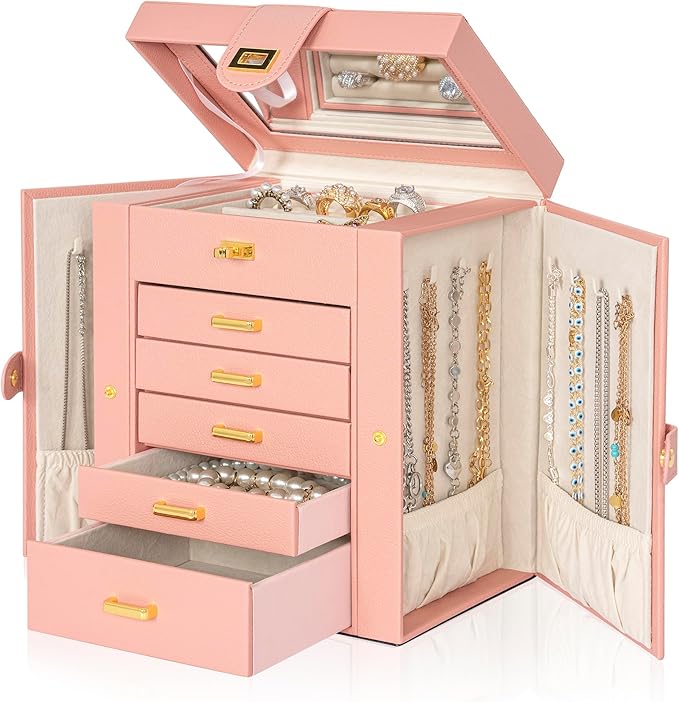 AKOZLIN Jewelry Box Organizer Functional Leather Jewelry Storage Case for Women Girls Ring Necklace Earring Bracelet Holder Organizer with Mirror Pink-CubbioJoy