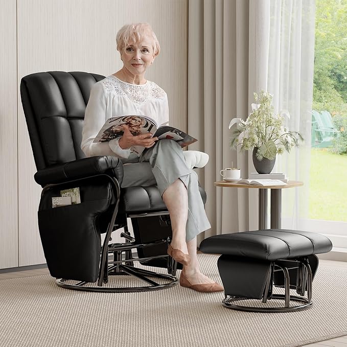 JIASTING 360° Swivel Recliner Chair with Ottoman & Double Side Pockets, Nursing Glider Rocking Recliner Chair, Gliding Chair for Nursery, Living Room, Office, Bedroom, Metal Frame (Black 1)-CubbioJoy