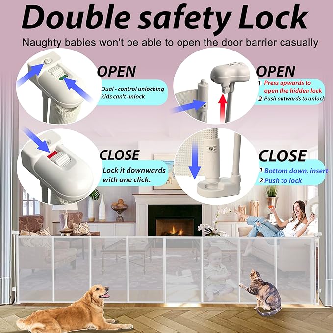 200" Retractable Baby Gates Extra Wide for Large Opening, 41" Extra Tall Retractable Dog Gate Pet Gates, Long Child Safety Mesh Gate with Fiberglass Rods for Stairs, Doorways, Hallways, Indoor/Outdoor-CubbioJoy