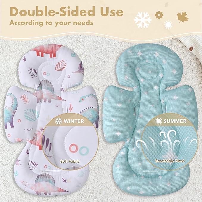 Infant Car Seat Insert, 2-in-1 Head & Body Carseat Support for Baby Newborn Toddler with Strap Covers, Reversible Ultra-Soft Cushion for Baby Carseat, Stroller, Swing & Bouncer-CubbioJoy