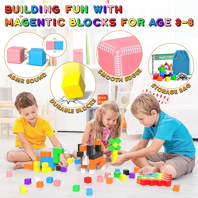 54 PCS Magnetic Blocks, Magnetic Building Blocks for Toddlers 3+, Montessori Toys, Magnet Cubes, Preschool STEM Educational Sensory Magnet Toys for Kids Ages 3-5 Year Old Boys and Girls-CubbioJoy