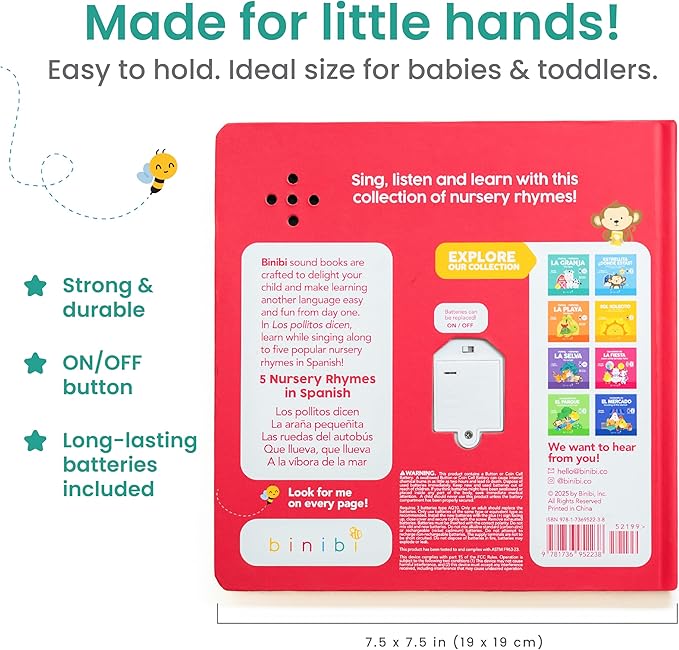 Binibi Spanish Musical Book for Babies & Toddlers 1-3 Los Pollitos Dicen & Other Nursery Rhymes | Spanish Learning for Kids | Bilingual Children's Book | Sound Book | Libro en espaรฑol para bebรฉs-CubbioJoy