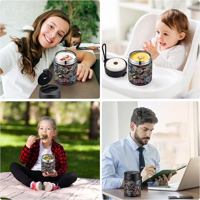 17oz Soup Thermo for Hot Food Kids,Insulated Food Jar with Spoon,Thermo Hot Food Lunch Container,Wide Mouth Leakproof Stainless Steel Lunch Box for School-Black Game-CubbioJoy
