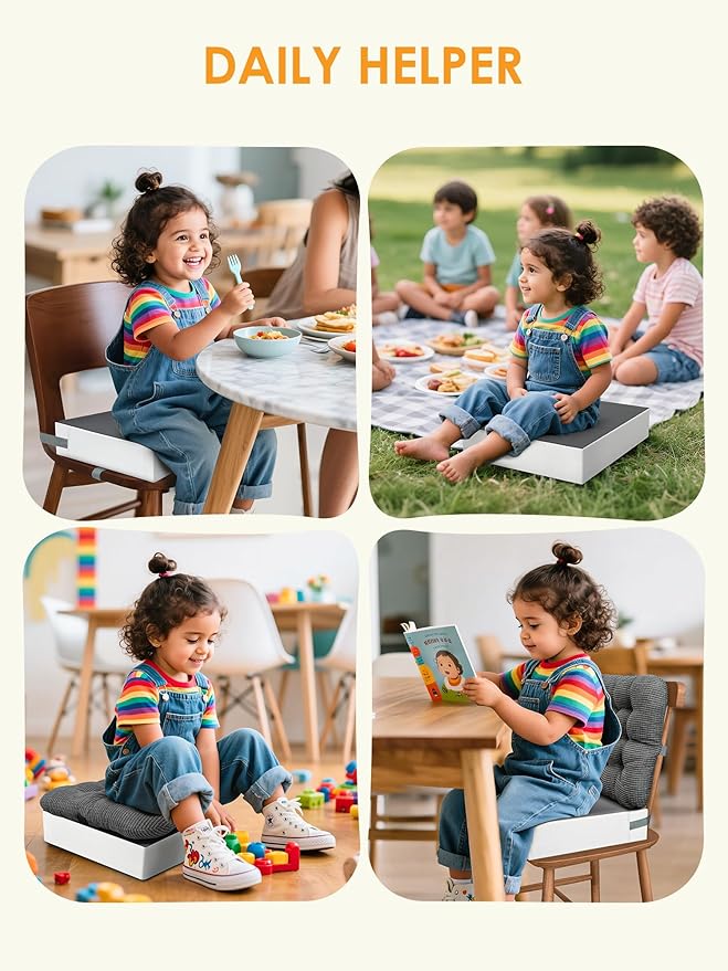 Booster Seat for Kitchen Chair, Adjustable Washable Safety Belts Toddler Booster Seats, PU Non-Slip Kids Dining Table Booster Seat, Portable Travel Increasing Cushion for Child Kid Boy Girl - Gray-CubbioJoy