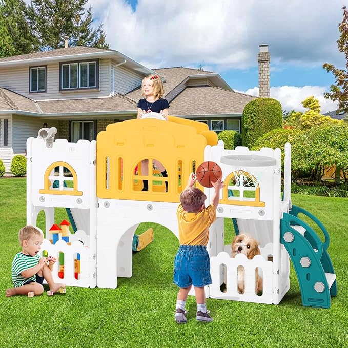JOYLDIAS 9 in 1 Toddler Slide, Toddler Playground with Double Slides, Climber,Basketball Hoop,Tunnel, Telescope, Storage Space and Non-Slip Step, Indoor Outdoor Backyard Playset for Toddlers Age 1-3+-CubbioJoy