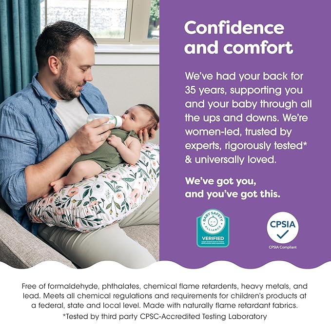 Boppy Nursing Pillow - Ergonomic Bottle & Breastfeeding Pillow with High, Firm, Large Area, Water-Repellent Cushion with Washable Cover; Baby Safety Alliance Verified - Pink Garden Flowers-CubbioJoy