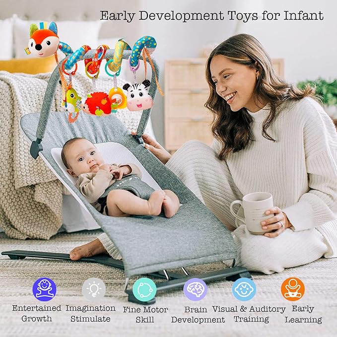 Baby Car Seat Toys, Infants Activity Spiral Plush Toys for Babies 0-6 Months Hanging Stroller Toy Gift for Infant Boys and Girls 0 3 6 12 Months Newborn Sensory Toy with Rattles Squeaker Music - Fox-CubbioJoy