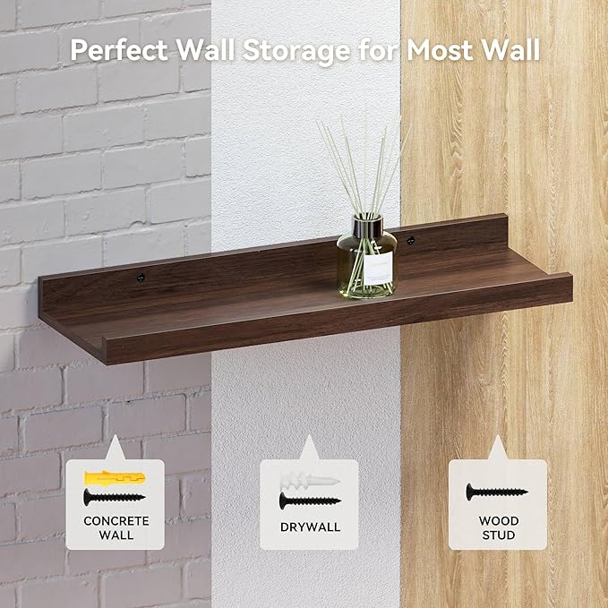 55.1 Inches Long Floating Shelves, 2 Set Rustic Wall Shelf for Bedroom, Nursery Book Shelf with Lip, Picture Ledge Shelf for Living Room, Bathroom, Kitchen - Walnut-CubbioJoy