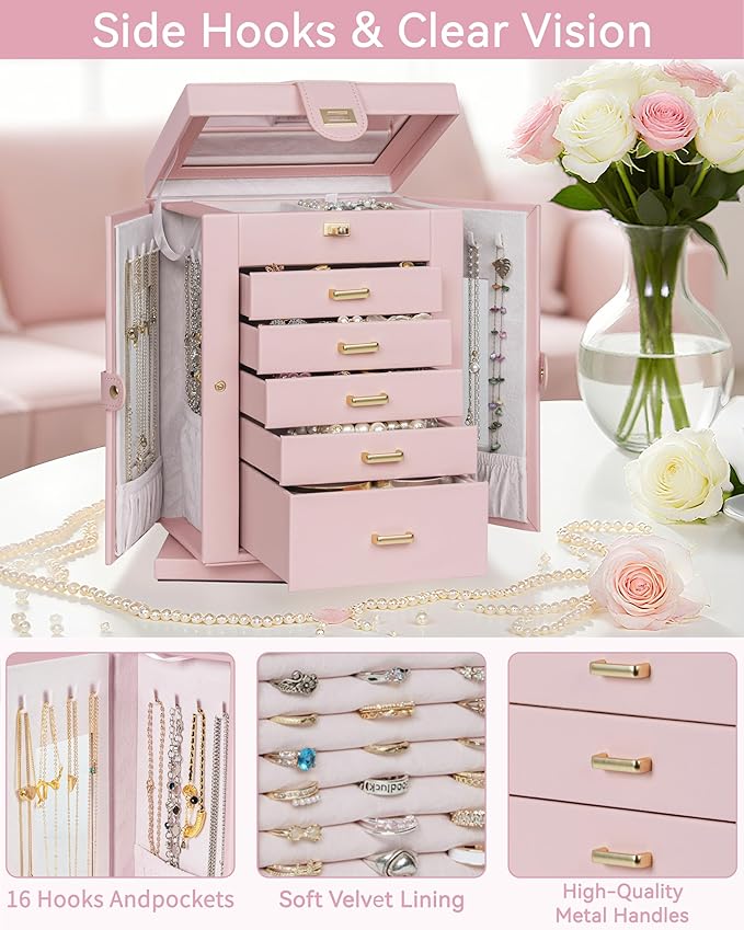 AKOZLIN 360° Rotating Jewelry Box 6-Tier Organizer Functional Jewelry Storage Case for Women Girls Ring Necklace Earring Bracelet Holder with Mirror Pink-CubbioJoy