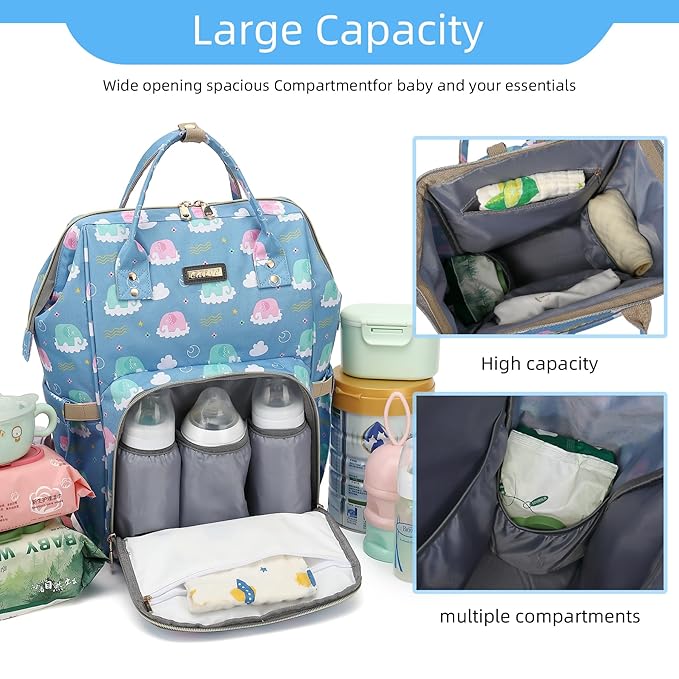 Diaper Bag Backpack, Diaper Bags for Baby Girls Boys, Baby Bags for Moms Dads, Nappy Changing Bag with Insulated Pockets,Multi-functional Waterproof Backpack with Stroller straps-Deep blue elephant-CubbioJoy