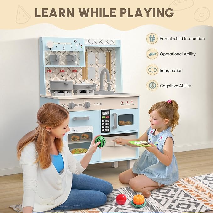 BIERUM Play Kitchen with Realistic Lights & Sounds, Wooden Kitchen Playset Chef Pretend Play Set for Toddlers, Toy Kitchen with 26 Pcs Toy Food & Cookware Accessories, Gift for Ages 3+-CubbioJoy