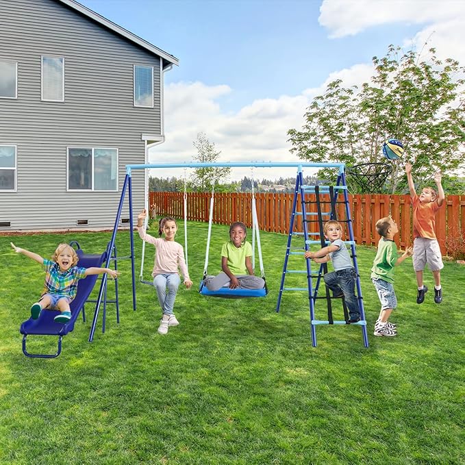 600lbs 6-in-1 Kids Swing Set, Backyard Playset with Belt & Platform Swings, Slide, Climbing Net, Basketball Hoop, Heavy-Duty A-Frame Metal Stand & 6 Anti-Tilt Stakes, Outdoor Gym for Ages 4-12-CubbioJoy