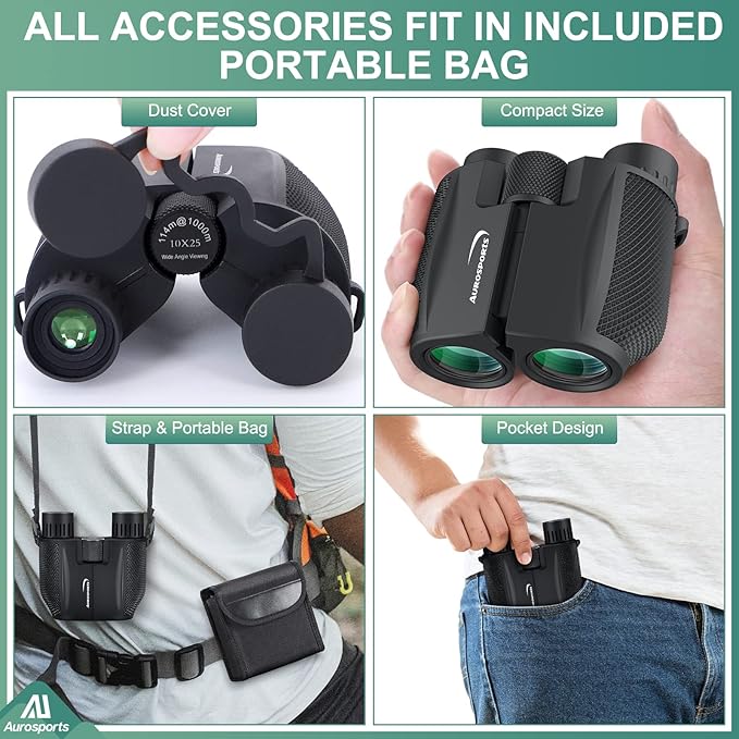 Aurosports 10x25 Binoculars for Adults and Kids, Large View Compact Binoculars with Low Light Vision, Easy Focus Small Binocular for Bird Watching Outdoor Travel Sightseeing Concert Hunting Hiking-CubbioJoy