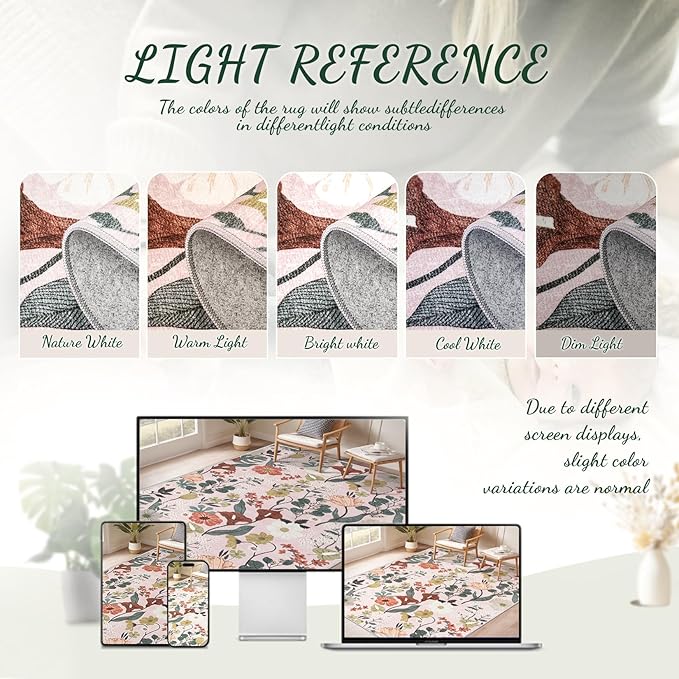 8x10 Area Rug for Living Room: Vintage Floral Washable Rug Soft Boho Non Slip Carpet Large Indoor Floor Non Shedding Low Pile Thin Carpets for Bedroom Dining Room Farmhouse Nursery Home Light Pink-CubbioJoy