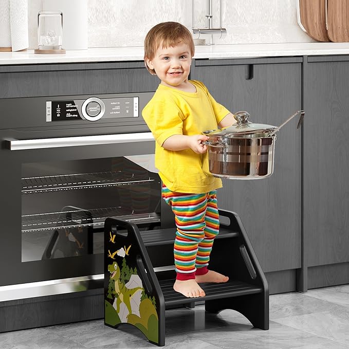 AMBIRD Toddler Step Stool, Dinosaur Wooden Two Step Stool for Kids with Non-Slip Pads, Portable Potty Training Stool with Handles for Bathroom, Sink, Kitchen, Bedroom-CubbioJoy