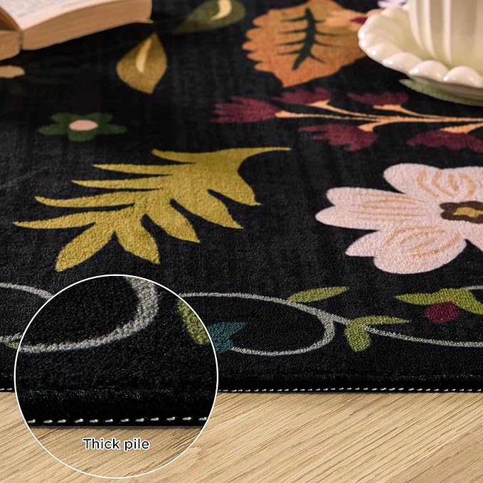 3x5 Area Rug, Floral Black Washable Rug for Entryway, Non Slip Flower Area Rugs, Soft Low Pile Indoor Doormat Small Carpet, Rugs for Living Room Bathroom Bedroom Nursery Kitchen Dining Room-CubbioJoy