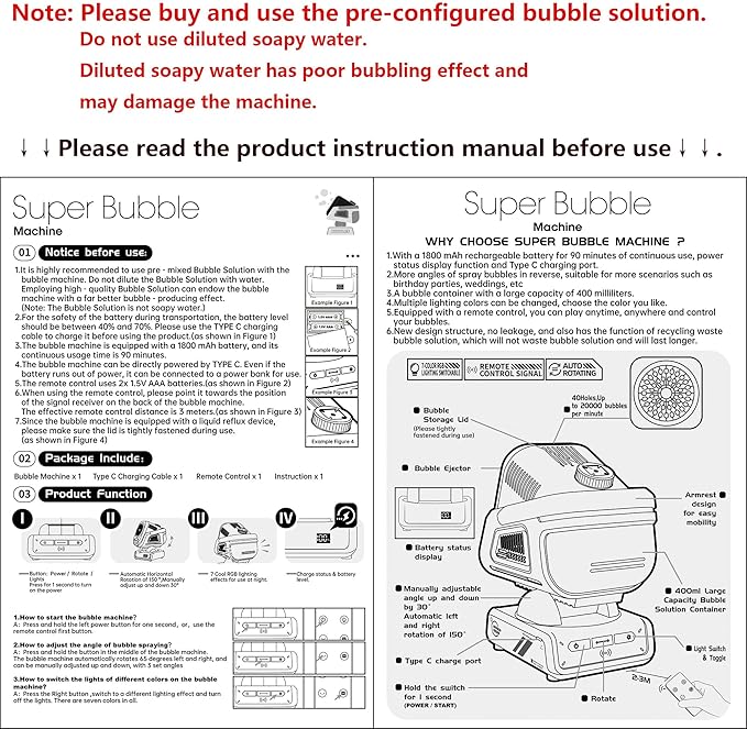 2025 Upgraded Bubble Machine with Remote Control, Automatic Rotation & RGB Lights, 1800mAh Rechargeable Battery, Type-C Charge, Bubble Maker for Kids, Weddings, Birthday Parties, Outdoor Activities-CubbioJoy