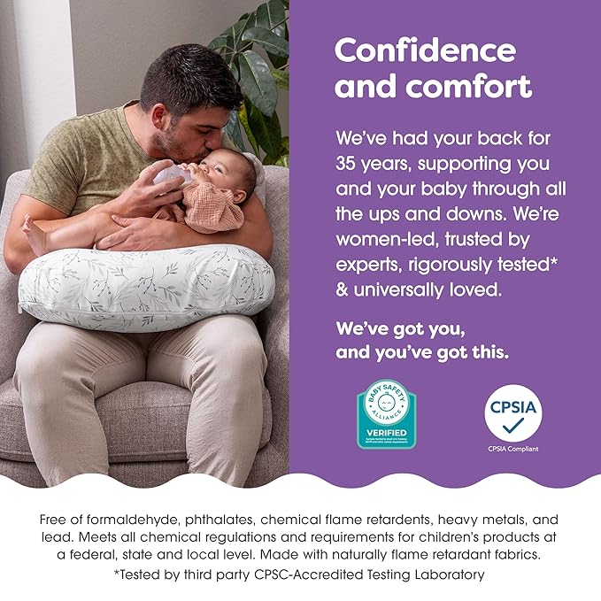 Boppy Nursing Pillow - Ergonomic Bottle & Breastfeeding Pillow with High, Firm, Large Area, Water-Repellent Cushion with Washable Cover; Baby Safety Alliance Verified - Gray Gentle Leaves-CubbioJoy