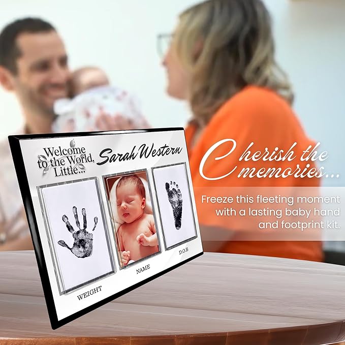 Baby Hand and Footprint Kit with Photo & Birth Details, Inkless Hand and Footprint Kit, Newborn Keepsake Plaque, Baby Shower Gifts (STYLE 1 (Fully Personalized) (Welcome To The World) (Neutral))-CubbioJoy
