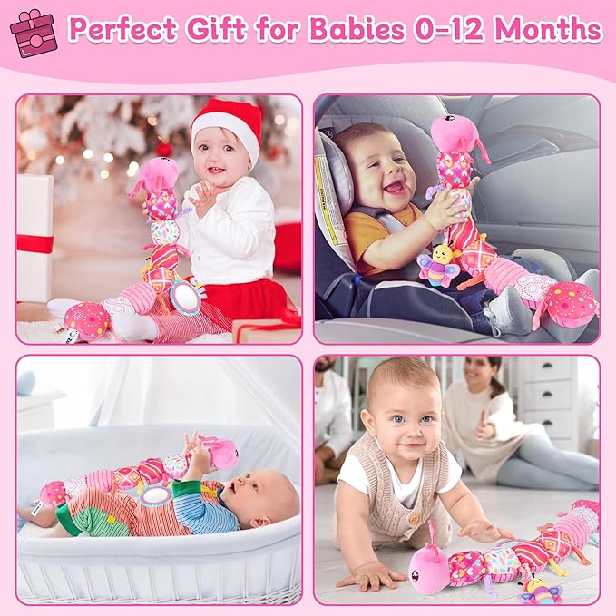 Baby Girls Toys 6-12 Months - Infant 6-in-1 Sensory Music Animal Stuffed Caterpillar Toy with Rattle & Mirror Crinkle for Tummy Time, Newborn 0 3 6 9 12 18 Shower Gifts Soothing Companion Toys, Pink-CubbioJoy
