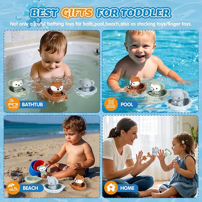 Bath Pool Toys for Toddler, Stacking Toys with 3 Boat 3 Sensory Finger Puppets, Toddler Toys Gifts for 2-4 Year Old Boy Girl, Model A-CubbioJoy