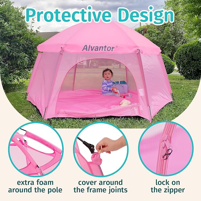 Alvantor Pop Up Playpen- 7'x7'x44”Baby Playpens Large Kids Play Tent Portable and Foldable Playpen Indoor/Outdoor Play Yard with Protective Mesh, UV SPF 50+ Sunshade, and Soft Foam Floor, Pink-CubbioJoy
