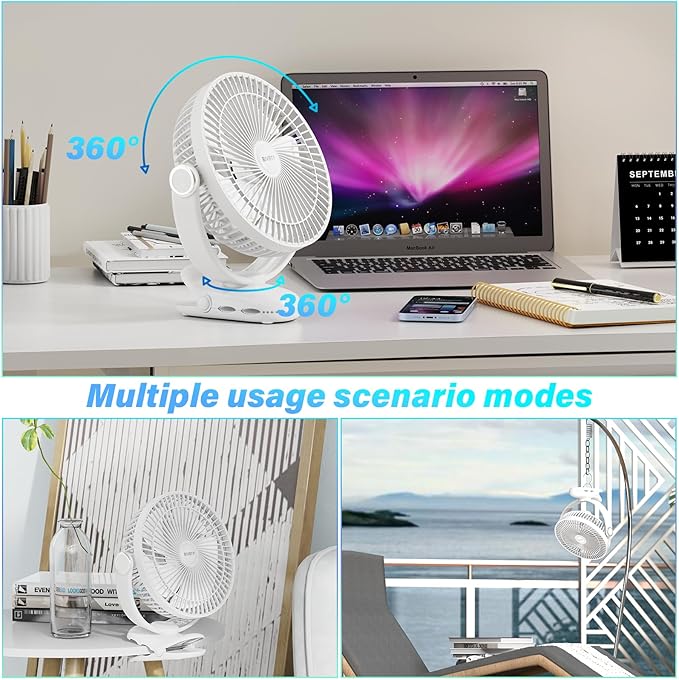 12000mAh Clip on Fan 30H Longest Runtime, 8in Portable Fan Rechargeable, Ultra Quiet with Heavy-Duty Clamp, USB Desk Fans for Golf Cart,Office Desk, Treadmill, Camping, Bedroom-CubbioJoy