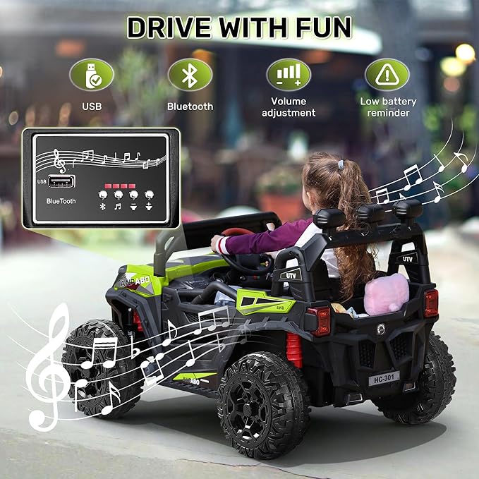 ANPABO 24V 4WD Ride on Car Truck w/Remote Control, 2WD/4WD Switchable Kids UTV, 4 Shock Absorbers, 19" Spacious Seat, Soft Start, Music Player, Electric Car for Kids-CubbioJoy