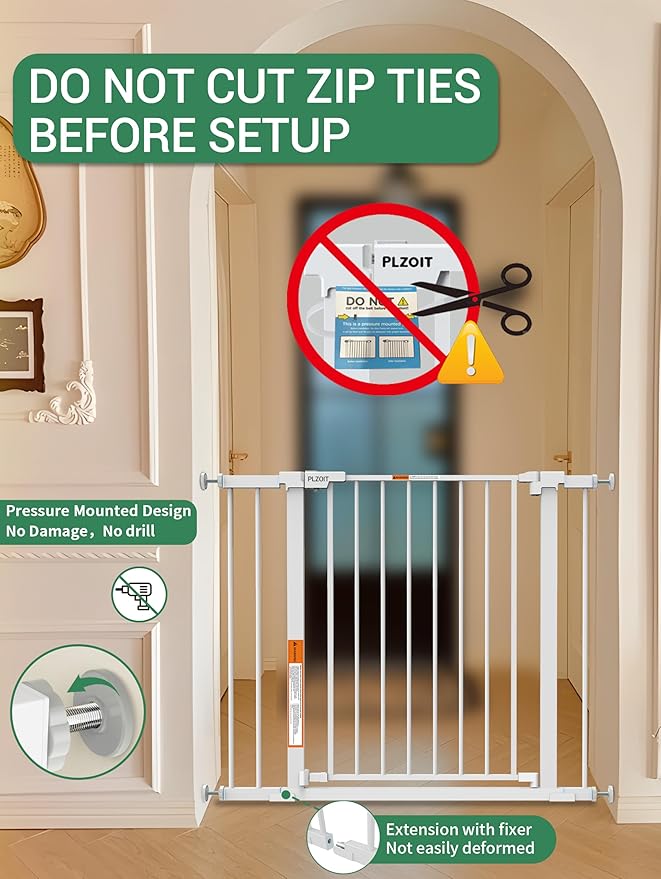 Baby Gate for Stairs, 30'' Tall 29.5-46" Extra Wide Dog Gate for Stairs Walk Thru Auto Close Metal Pet Gate for The House, Stairs and Doorways Child Gate Pressure Mounted Safety Gate Indoor - White-CubbioJoy
