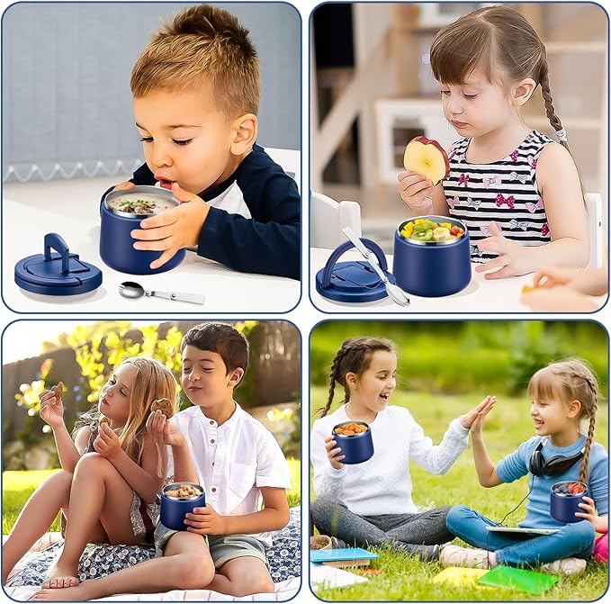 14oz Insulated Vacuum Food Jar with Buckle Lid,Soup Thermo for Hot Food Kids,Wide Mouth Leakproof Stainless Steel Lunch Container with Spoon-Blue-CubbioJoy