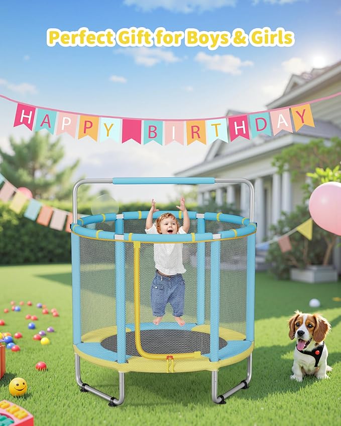 55” Trampoline for Kids, Powder-Coated Mini Trampoline for Toddlers, Indoor Outdoor Toys with Adjustable Gymnastics Bar, Swing, Basketball Hoop, Birthday Gifts for Boys & Girls Ages 1-8-CubbioJoy