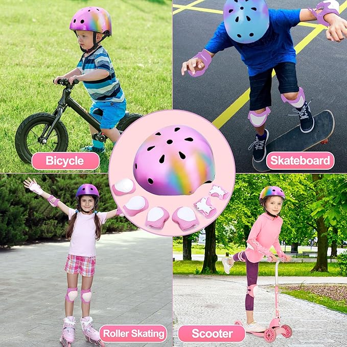 Kids Bike Helmet with DIY Stickers and Knee Pads Elbow Pads Wrist Guard Set for Ages 3-8-14 Toddler Boys Girls Helmet for Roller Skates Cycling Skateboarding Bicycle Scooter-CubbioJoy