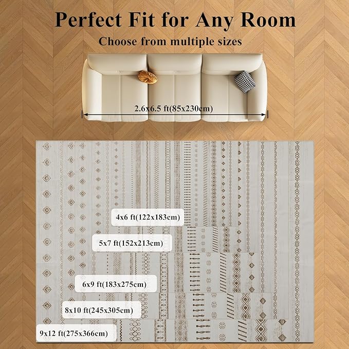 4x6 Washable Area Rug for Living Room, Carpet for Bedroom,Boho Soft Faux Wool Retro Dining Room Rug, Non Slip&Non-Shedding Resistant Low Pile Vintage Print Rug for Home Office (Beige)-CubbioJoy