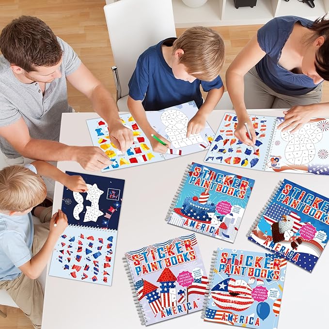 4Pcs Patriotic Paint by Sticker Books Sticker by Number Books Activity Book Puzzle Book Craft Art Gift Memorial Day 4th of July American Star 32 Pictures-CubbioJoy