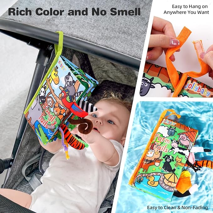 Jollybaby 2 PCS Sensory Touch and Feel Crinkle Books for Baby 0-6 Months, Jungle Farm Tails Montessori Car Set Toys for Tummy Time Newborn 6-12, Soft Fabric Cloth Books for Infant 1 Year Old Gift-CubbioJoy