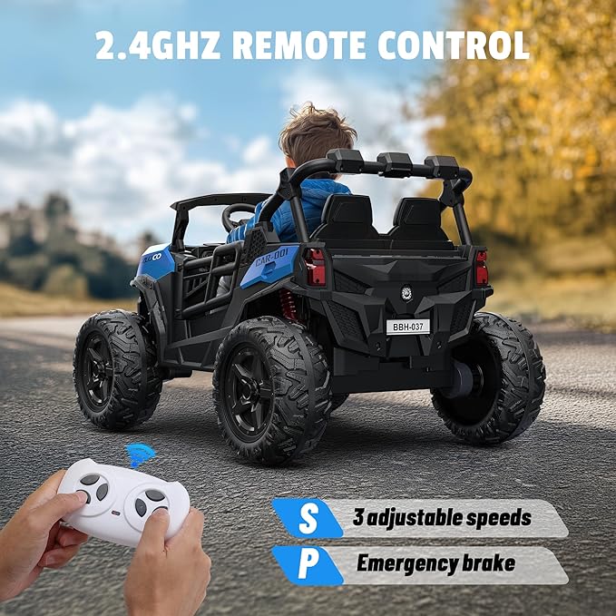 24V 2 Seater Ride on Car Truck, 4x200W, EVA Tires, 4WD/2WD, Remote Control, Rainbow Lights, Shock Absorbers, Bluetooth, Ride On UTV Toy for Kids Ages 3-8, Blue-CubbioJoy