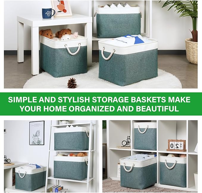 Bidtakay Large Storage Baskets for Shelves 3 Pack Fabric Storage Bins for Organizing Linen Collapsible Organizer for Closet-Deep Green-CubbioJoy
