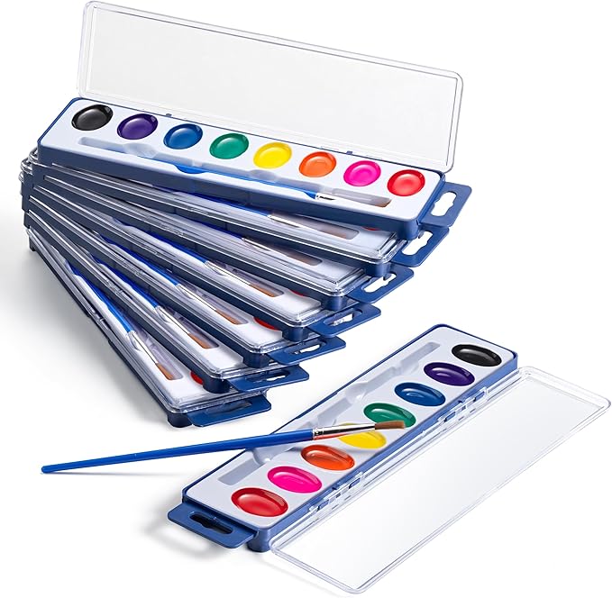 Bedwina Watercolor Paint Sets for Kids - Bulk Pack of 12, 8 Washable Water Color Paints in Palette Tray and Painting Brush for Coloring, Art, Classrooms and Paint Party Supplies-CubbioJoy
