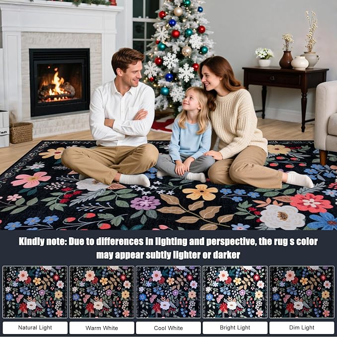 Area Rugs 9x12 Living Room: Floral Washable Rug Vintage Large Soft Boho Non-Slip Carpet Indoor Floor Stain Resistant Low Pile Carpets for Bedroom Dining Room Farmhouse Nursery Home Office Black-CubbioJoy