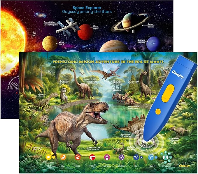 Bilingual Interactive for Kids Talking Dinosaur Space Poster for Kids Learning and Educational Toys,Talking Educational Dinosaur Toy for Ages 3 to 12 Years Old,Space Theme Wall Decor for Preschool-CubbioJoy