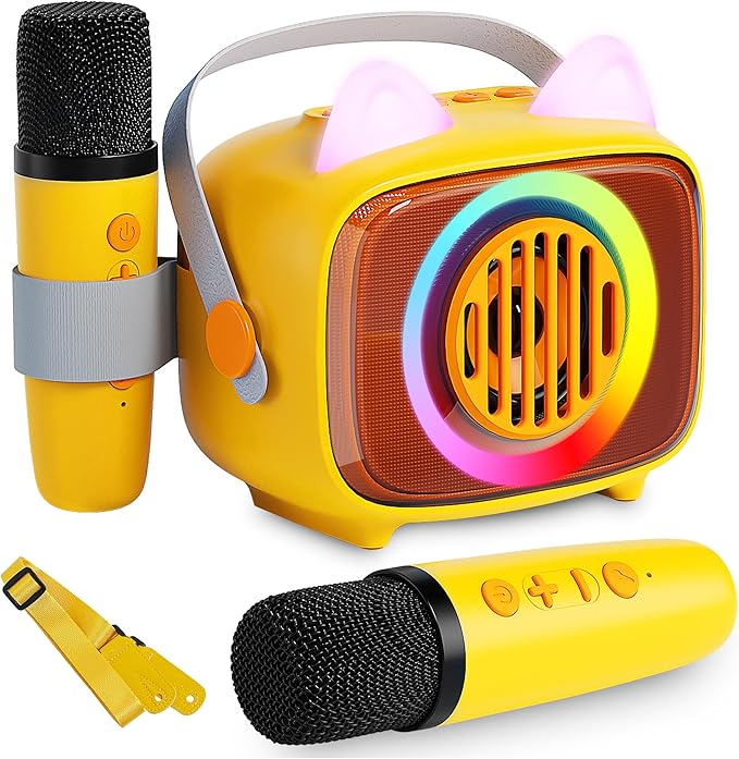 BIGASUO Karaoke Machine for Kids, Mini Portable Bluetooth Speaker with 2 Wireless Microphones and LED Lights, Kids Toys Ideal Gifts for Girls & Boys Birthday Home Party-CubbioJoy